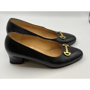 Vintage CELINE Horsebit Metal Leather Pumps, Size 22.5 US 5.5-6 Black